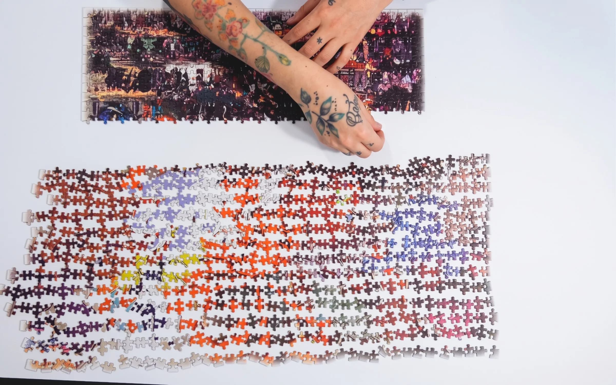 Pieces from a tricky section organized into rows by shape