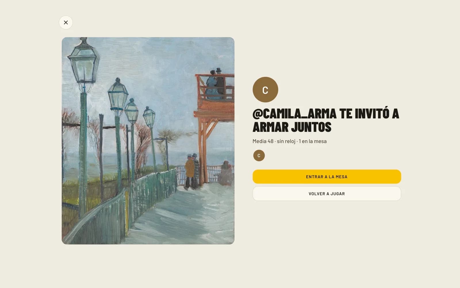 Invitation Armar juntos de @camila_arma avec une œuvre et des boutons pour rejoindre.
