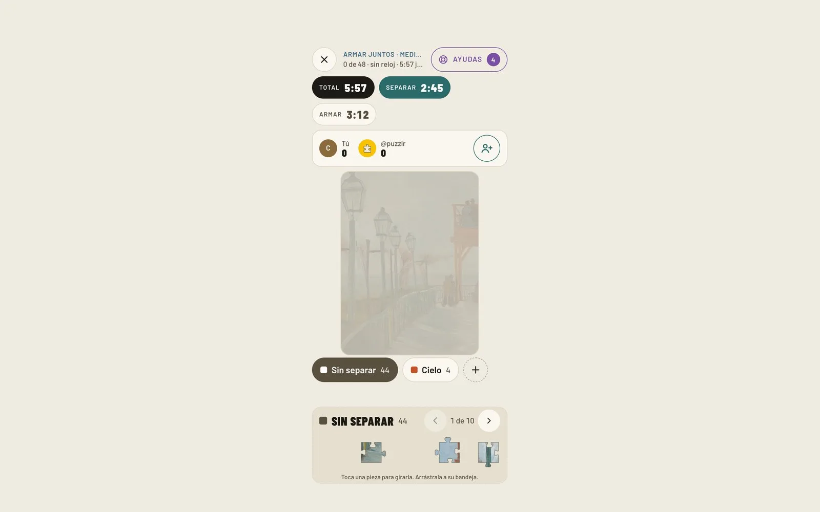 Session Armar juntos sur téléphone avec chronomètres, deux personnes et plateau de pièces ciel.