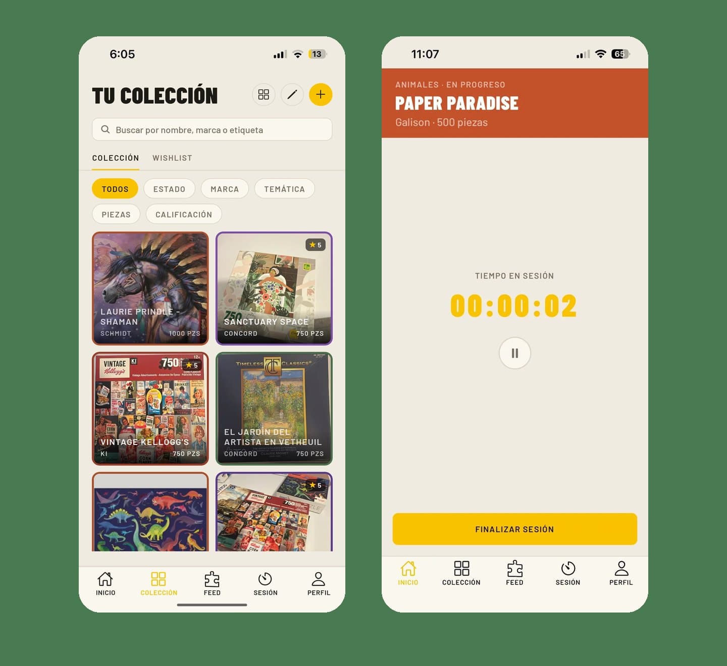 Tu colección y el cronómetro de una sesión en Puzzlr 1.0